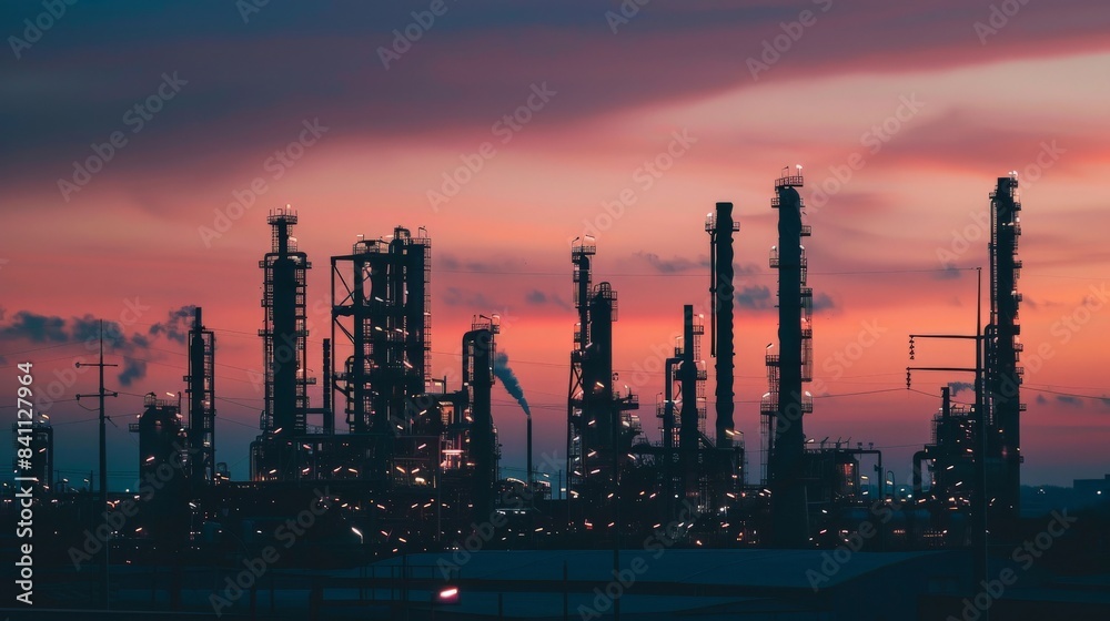 An oil refinery with its silhouette stark against the fading light, showcasing the industrial might and power of energy production. An oil refinery with its silhouette stark against the fading light, showcasing the industrial might and power of energy production.