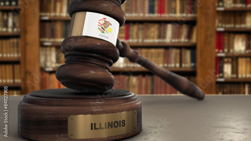 Foto Illinois Flag on Judge Gavel or Hammer in Court with State Name
