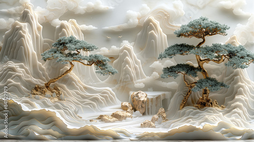 High-Definition 3D White Relief Landscape with Gold Outlines, Featuring Mountains, Rivers, and Trees in Chinese Architecture Style, Clear Texture Details and Delicate Carving on Light Gray Background