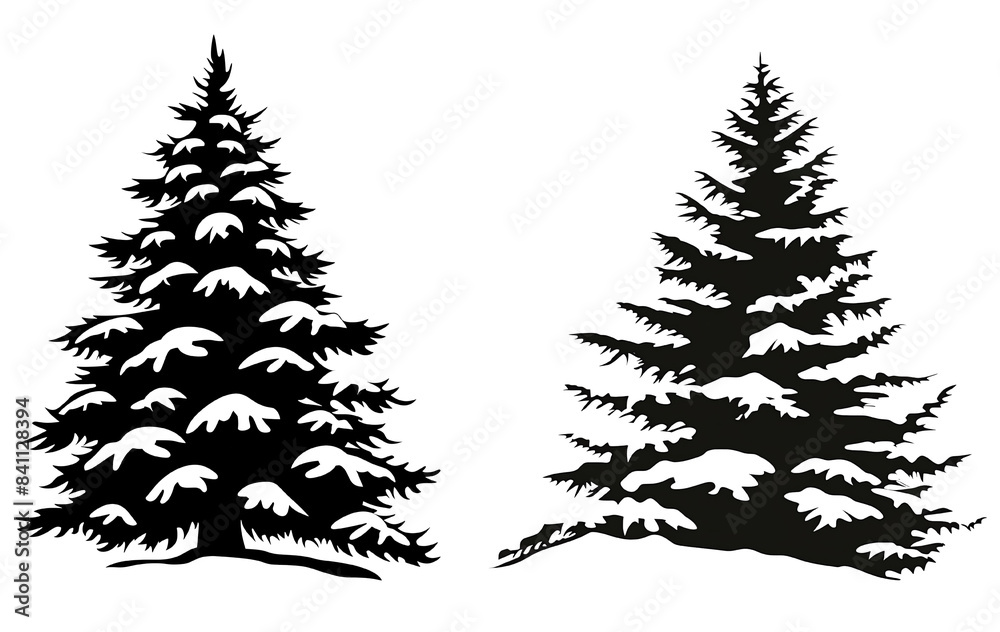 Fototapeta premium set of silhouette clipart of a snow covered pine tree