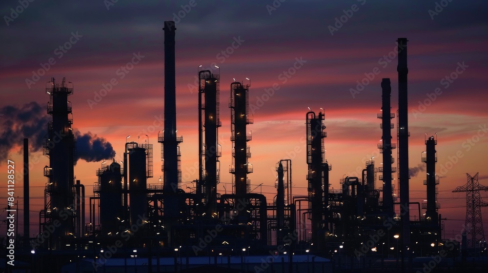 An oil refinery with its silhouette stark against the fading light, showcasing the industrial might and power of energy production.