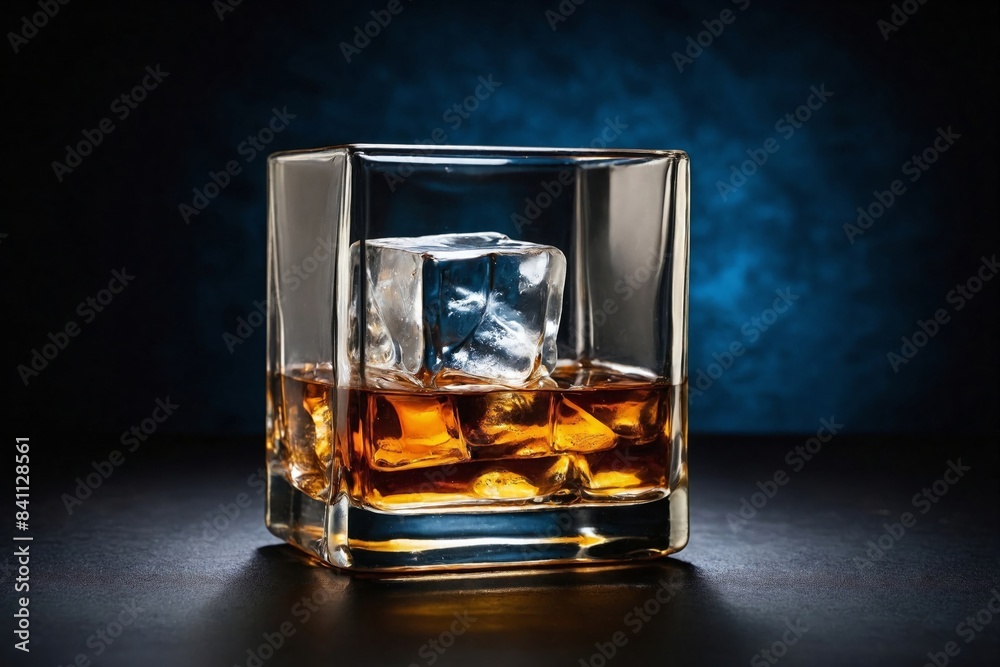 Refined Simplicity: a single glass of whiskey with a large, clear ice cube on a smooth, dark surface. Refined Simplicity: a single glass of whiskey with a large, clear ice cube on a smooth, dark surface.