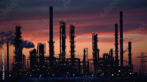 An oil refinery with its silhouette stark against the fading light, showcasing the industrial might and power of energy production.