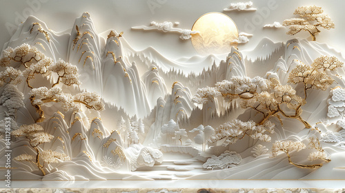 Fototapeta Naklejka Na Ścianę i Meble -  High-Definition 3D White Relief Landscape with Gold Outlines, Featuring Mountains, Rivers, and Trees in Chinese Architecture Style, Clear Texture Details and Delicate Carving on Light Gray Background