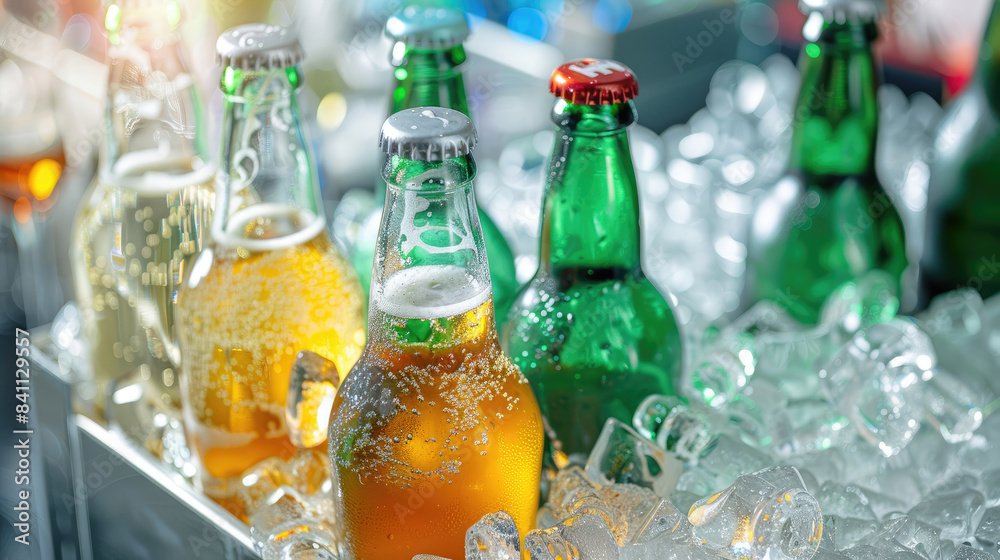 Refreshing Drinks and Chilled Beer Bottles on Ice for Home Party Setup Refreshing Drinks and Chilled Beer Bottles on Ice for Home Party Setup
