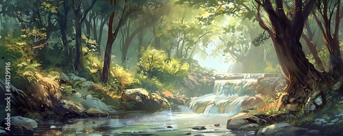 a serene waterfall surrounded by lush green trees in a forest