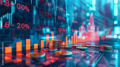 Financial charts and graphs with stacks of coins.