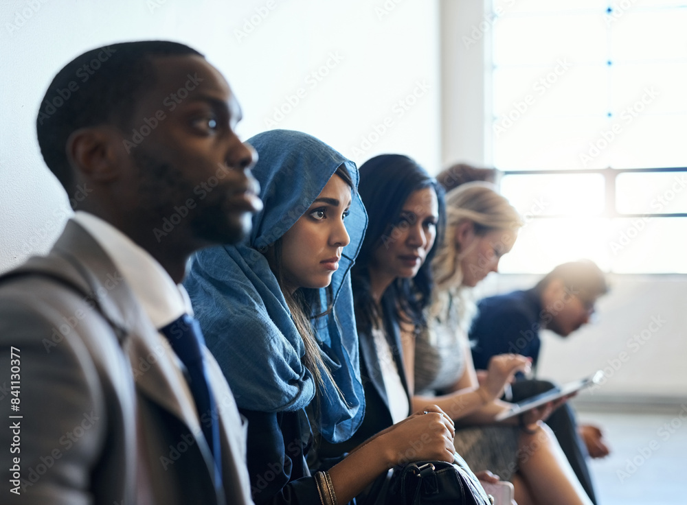 Obraz premium Hiring, waiting room or business people in hr office for interview, meeting or sign up tablet registration. Recruitment, deal or group in lobby for job search, application or digital, cv or survey
