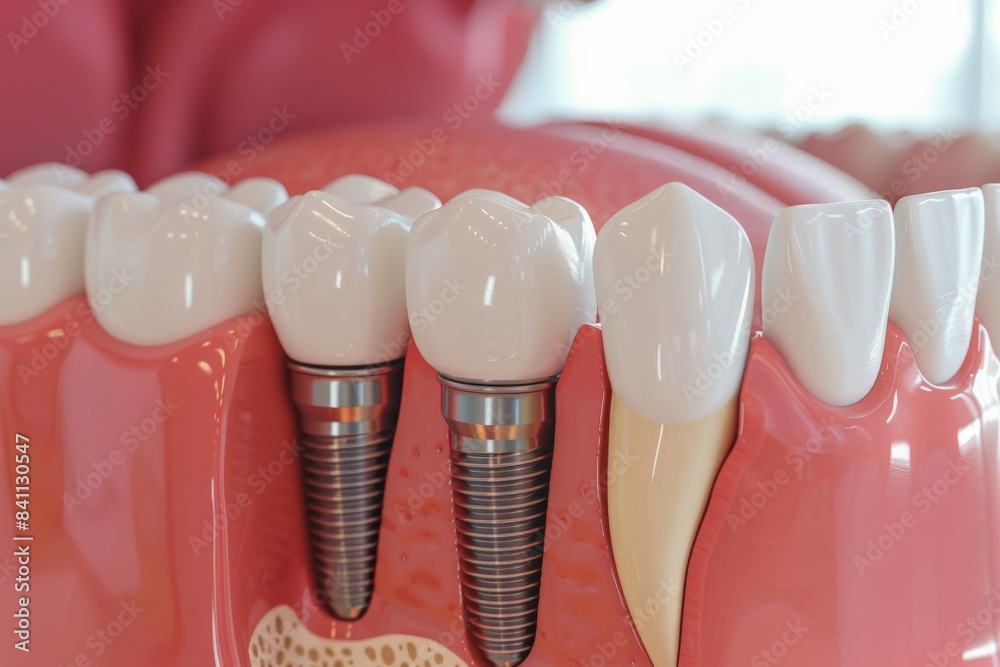 The concept of dental implants. A 3D rendering showing a dental implant placed between teeth