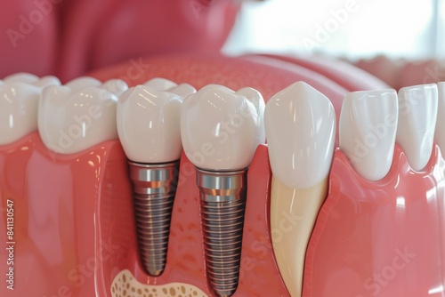 Obraz na płótnie The concept of dental implants. A 3D rendering showing a dental implant placed between teeth w salonie