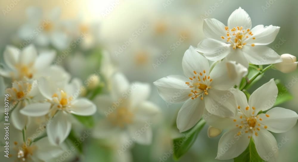 Close-up of white jasmine flowers under soft lighting, pure and elegant with bottom copy space for refined themes Close-up of white jasmine flowers under soft lighting, pure and elegant with bottom copy space for refined themes