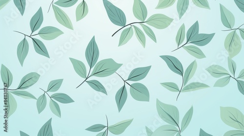 pattern of mint green leaves on a pale blue background, wallpaper