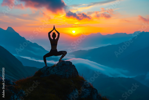 A determined athlete practicing yoga on a mountaintop at sunrise.