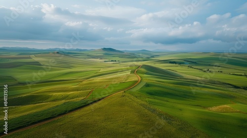 landscape with green fields and agricultural farm land of natural 