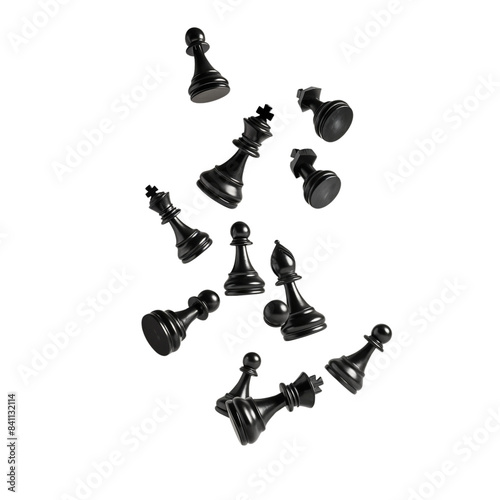 Falling black chess pieces isolated on transparent background
