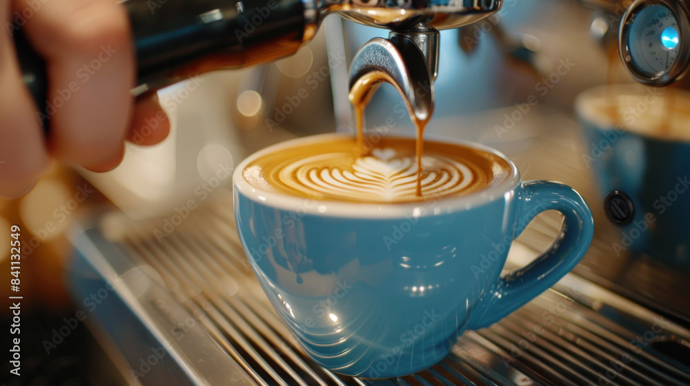 A person is pouring coffee into a blue cup with a heart design. The coffee is poured from a machine, and the cup is placed on a counter. Concept of warmth and comfort A person is pouring coffee into a blue cup with a heart design. The coffee is poured from a machine, and the cup is placed on a counter. Concept of warmth and comfort