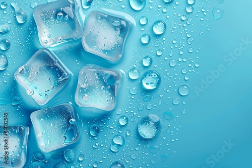 Ice cubes with water drops scattered on a blue background  top view. generative ai.