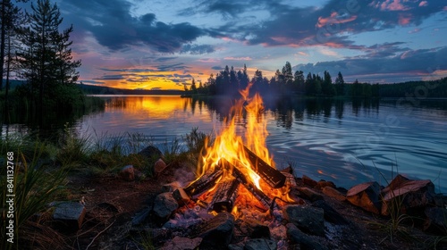 A fire is burning in front of a lake, with the sun setting in the background