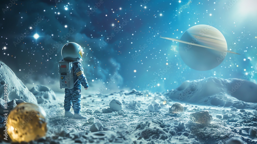 Obraz premium Backdrop photoshoot studio kids fashion brand version in space on the moon colorful and creative photoshoot with saturn and moon prop, cinematic, wide angle lens