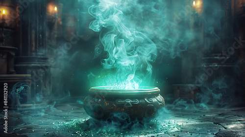  A bubbling cauldron with green potion and smoke rising.