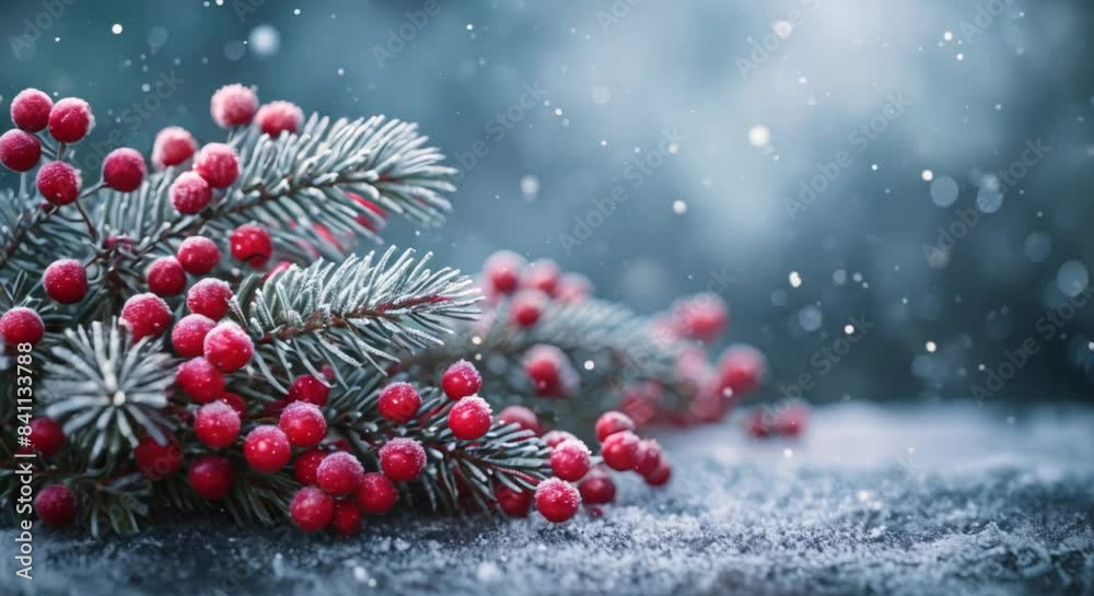 Snow-covered pine branches with tiny red berries, wintry background