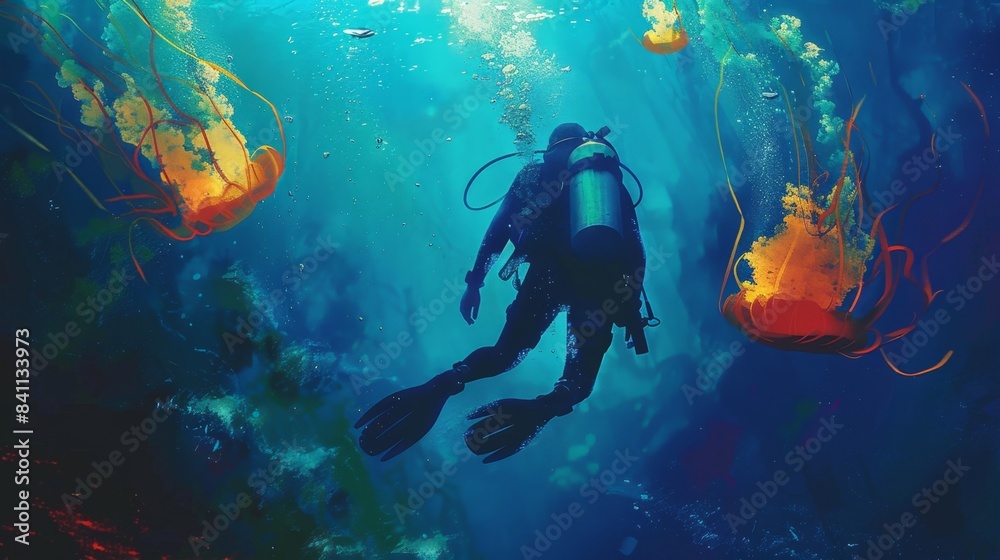 Fototapeta premium Underwater Diver with Glowing Jellyfish, Generative AI
