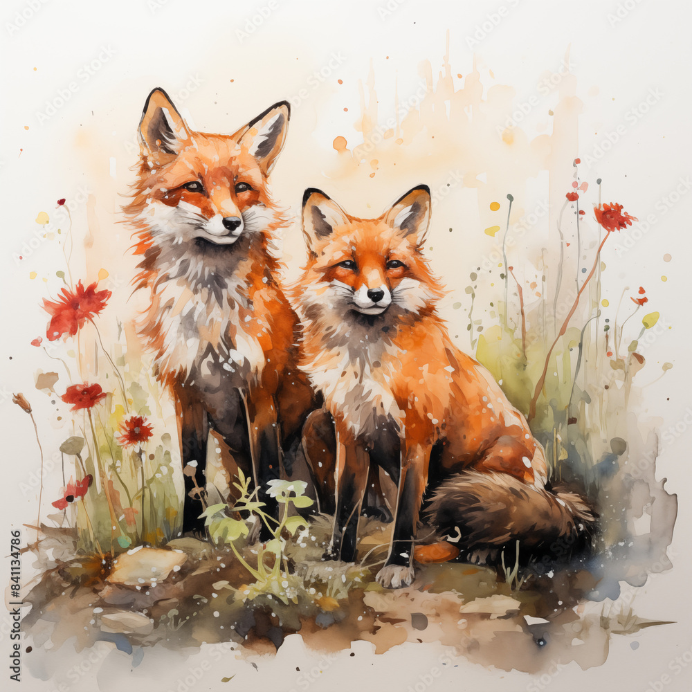 Fototapeta premium Watercolored fox couple animal in cartoonstyle