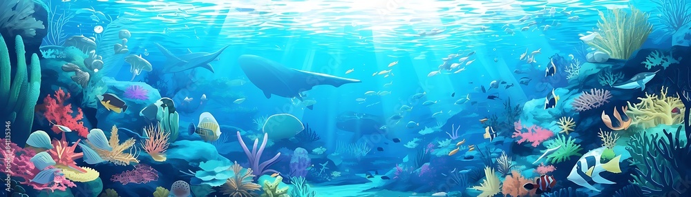 Obraz premium a diverse group of fish, including white, blue, yellow, and orange varieties, swim in a vibrant blue underwater world