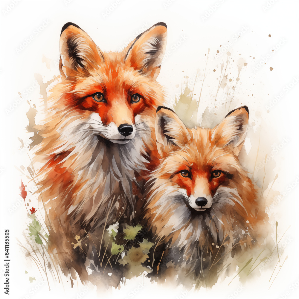 Fototapeta premium Watercolored fox couple animal in cartoonstyle