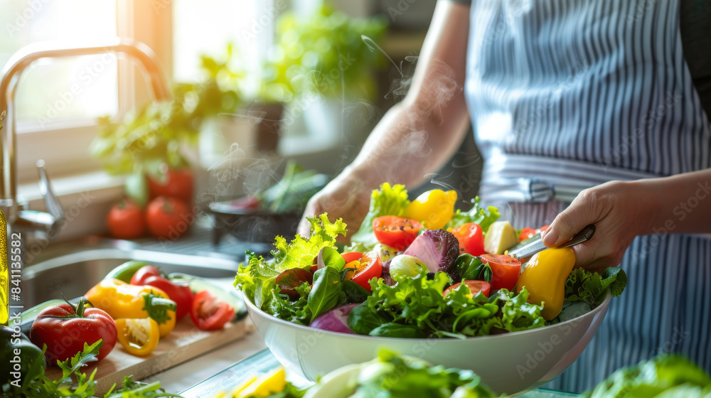Person Adding Yellow Pepper To Fresh Salad in Kitchen Person Adding Yellow Pepper To Fresh Salad in Kitchen