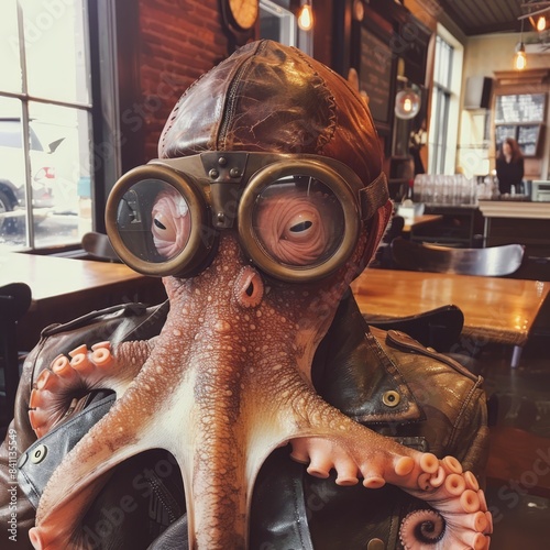a person wearing a leather jacket and goggles with an octopus head photo