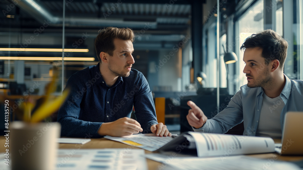 Two men in a contemporary office, working on paperwork together at a table Two men in a contemporary office, working on paperwork together at a table
