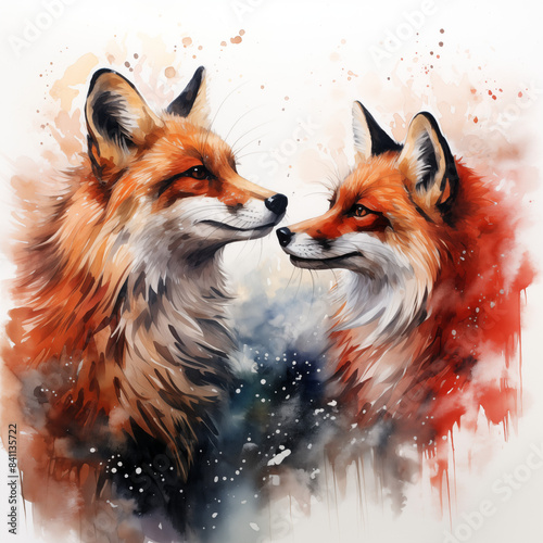 Watercolored fox couple animal in cartoonstyle