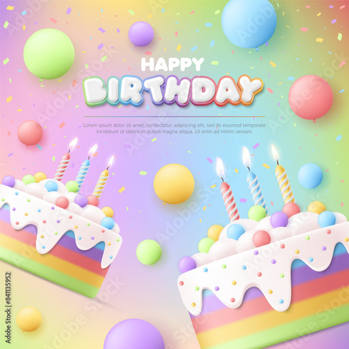 3D Happy birthday greeting card party template with cute rainbow cake, balloon, colorful background, baby anniversary event, kid banner, flyer, advertising, poster, social media, wallpaper, website