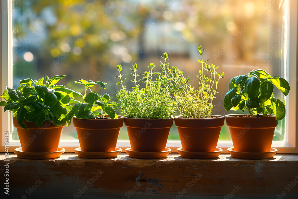 Fresh green herbs, basil, rosemary and coriander in pots placed on a window frame Fresh green herbs, basil, rosemary and coriander in pots placed on a window frame