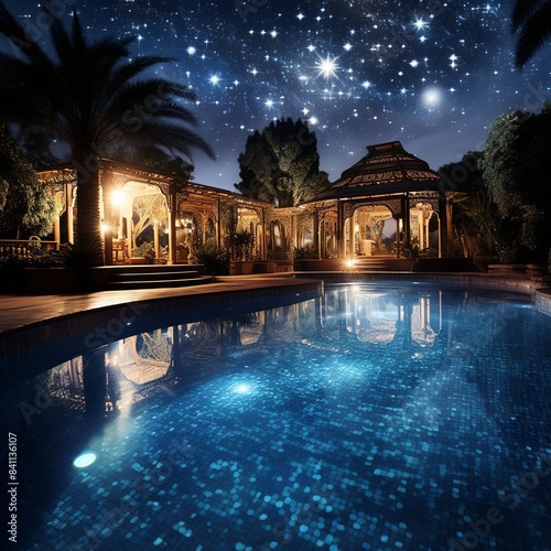 Swimming pool with starry sky background