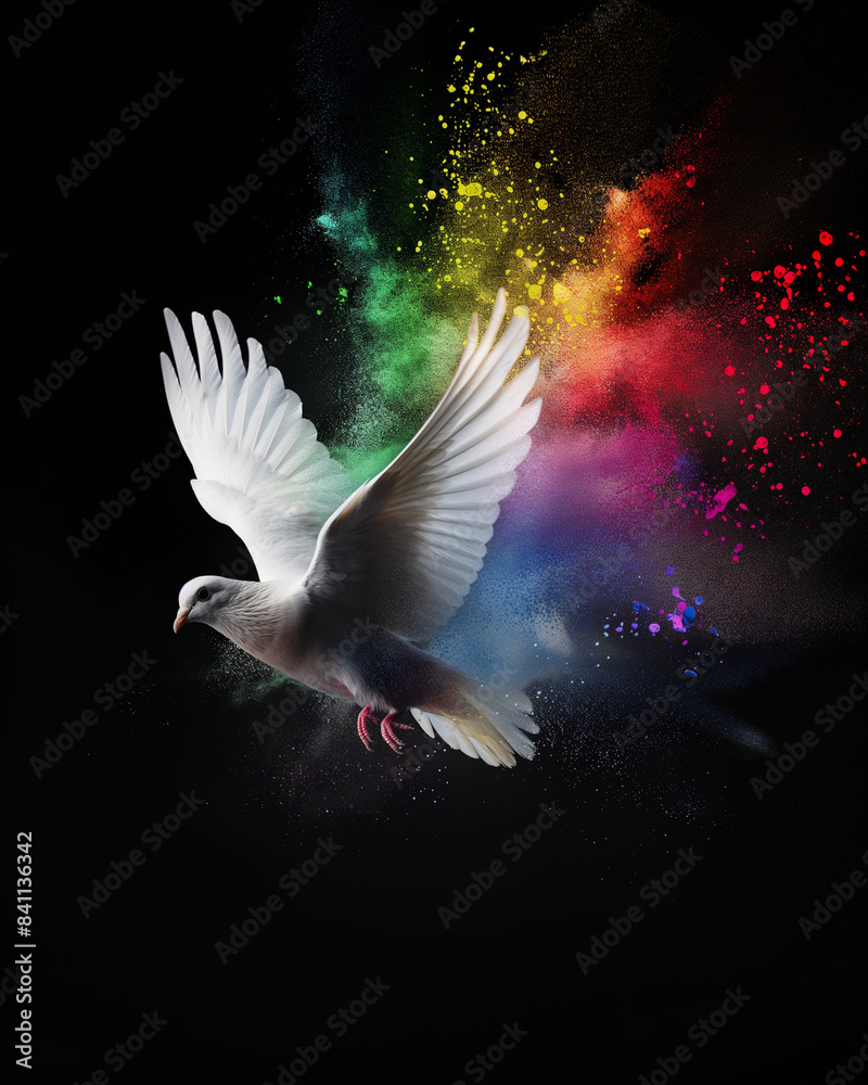 Fototapeta premium Flying white dove with colorful splash of powder on black background