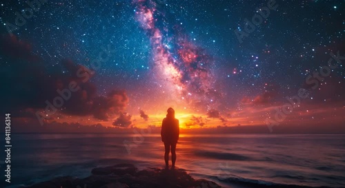 People standing on the rocky coastline at night Looking out at the ocean The sky was full of stars and the water was calm. The scene was quiet and peaceful. The person was amazed.