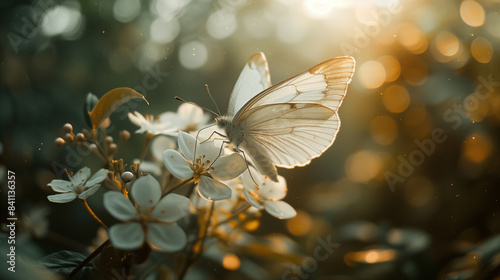 A delicate butterfly rests among blooming flowers, basking in the gentle sunlight