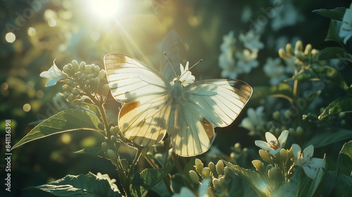 A delicate butterfly rests among blooming flowers, basking in the gentle sunlight of a serene garden.