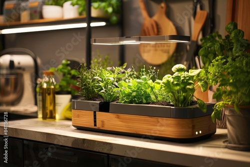 A modern hydroponic gardening kit displayed on a kitchen counter, featuring a sleek water reservoir, nutrient solution, and LED grow lights, with vibrant green herbs and leafy greens thriving in the n © Aqsa