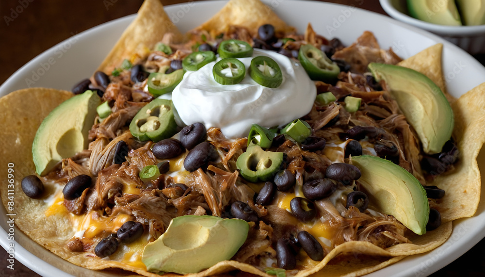 pulled pork nachos with melted cheese, black beans, sour cream, barbeque sauce, avocado, and jalapenos. pulled pork nachos with melted cheese, black beans, sour cream, barbeque sauce, avocado, and jalapenos.