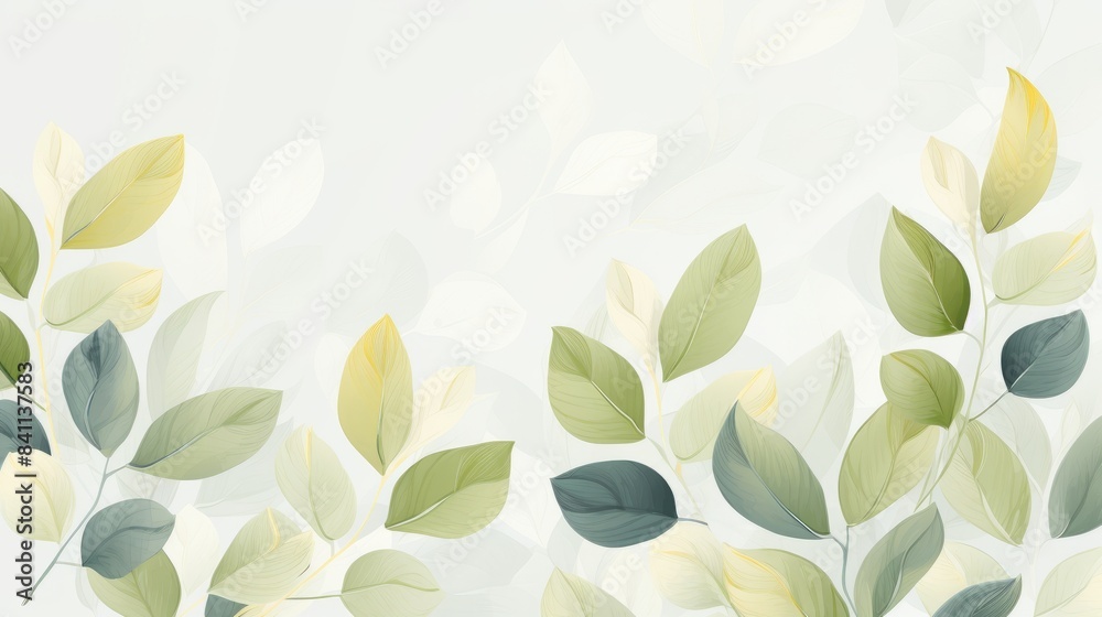 A watercolor painting of delicate green leaves on a light gray background. The leaves are arranged in a natural, flowing pattern, creating a sense of peace and tranquility, wallpaper, copy space