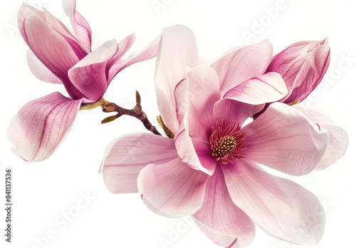 Beautiful pink magnolia flowers, isolated on white background, elegant, floral