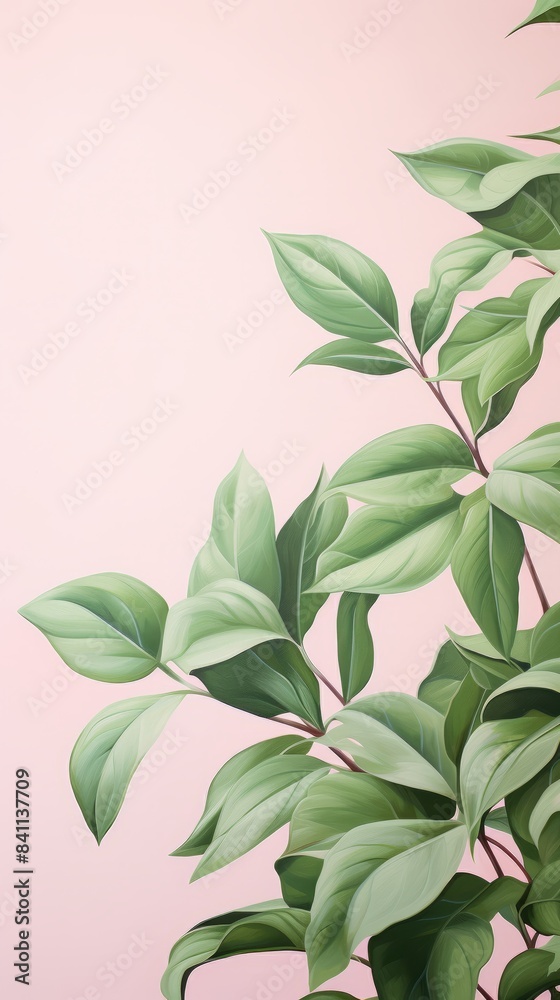 A close-up image of green leaves against a soft pink wall, wallpaper, copy space A close-up image of green leaves against a soft pink wall, wallpaper, copy space
