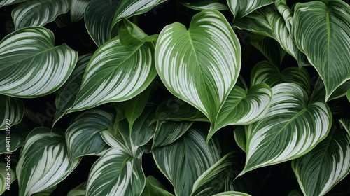A close-up of green and white variegated leaves in a lush garden, showcasing the intricate patterns and textures of the foliage, wallpaper photo