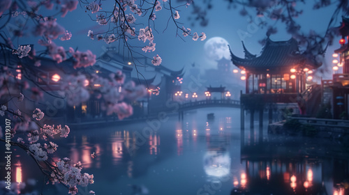 night view of old/ancient Asian Chinese town/city by the river, frame, cherry blossom, flowers, lights, traditional buildings, lanterns, peaceful, moon, moonlight, peace, quiet, culture, tradition