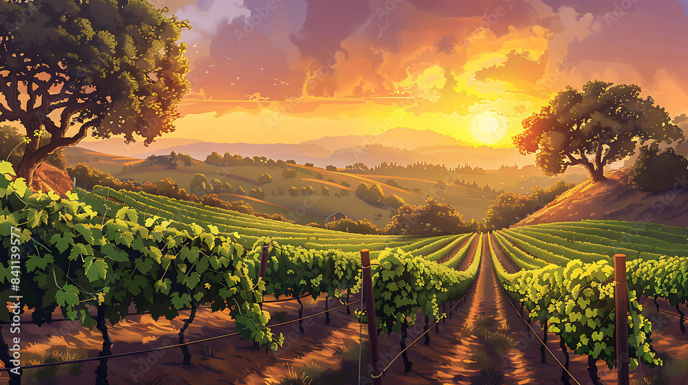 Naklejka premium Vineyard Landscape at Sunset with Rolling Hills