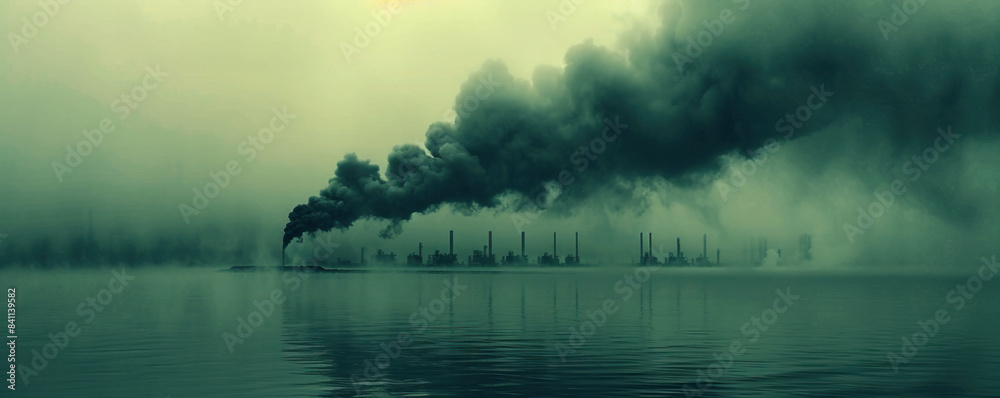 A large plume of smoke is rising from a factory. The smoke is thick and dark, and it is rising high into the sky. The scene is ominous and foreboding