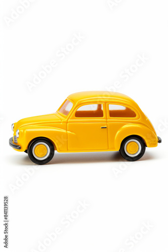 Yellow toy car on white background with white background.